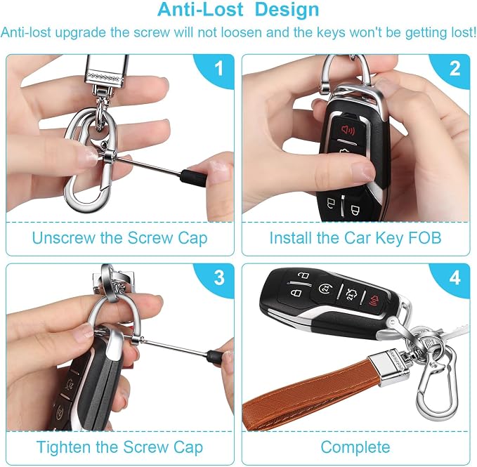 Genuine Leather Car Keychain,Universal Heavy Duty Metal Key Chain Accessories,Car Fob Key Keychain Holder with 360 Degree Rotatable Snap Swivel and Anti-Lost D-Ring for Men Women(Brown)