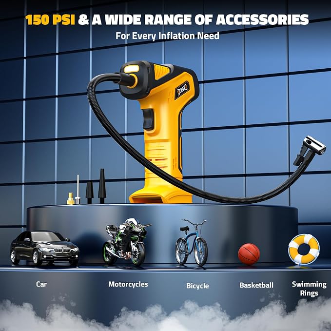 150PSI Tire Inflator Portable Air Compressor: Cordless Air Pump Compatible with Dewalt 20V Battery - Car Tire Pump with Digital Pressure Gauge & LED Light for Auto, Motorcycles (Tool Only)