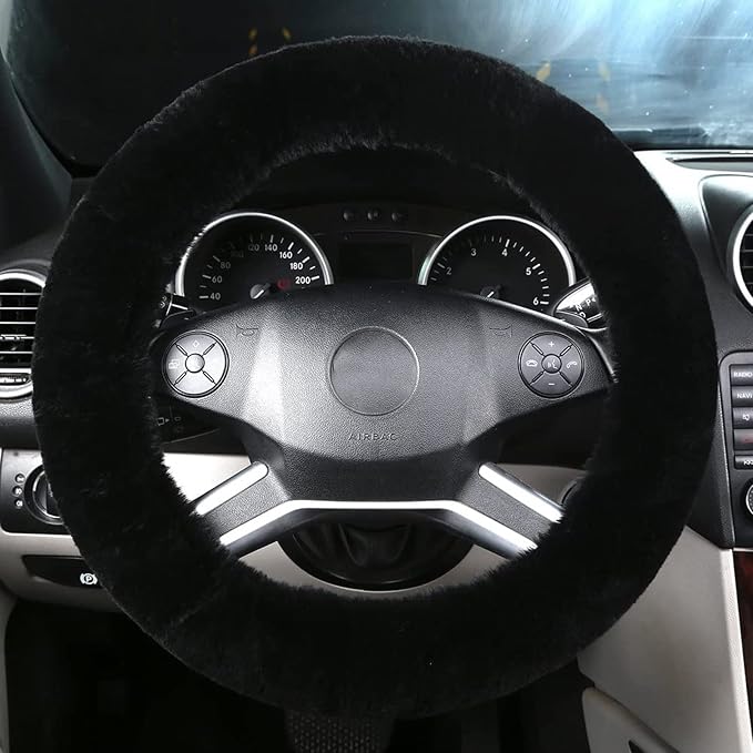 Fluffy Steering Wheel Cover for Women Fuzzy Steering Wheel Cover Winter Warm Faux Wool Plush Car Wheel Cover Furry Steering Wheel Protector Universal Fit 15 Inch (Black)