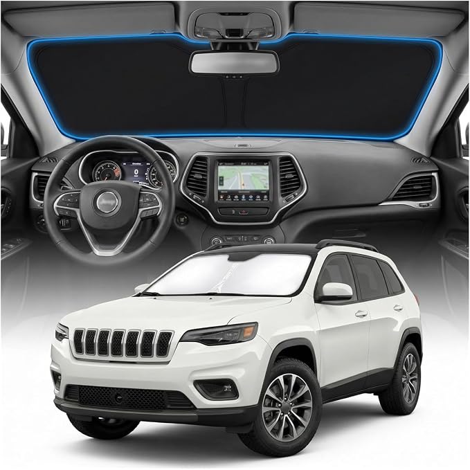 for Jeep Cherokee Sun Shade Windshield Cover - Custom Fit Cherokee Accessories 2014-2024 Sunshade Foldable UV Protection & Heat Shield Sun Visor Accessories