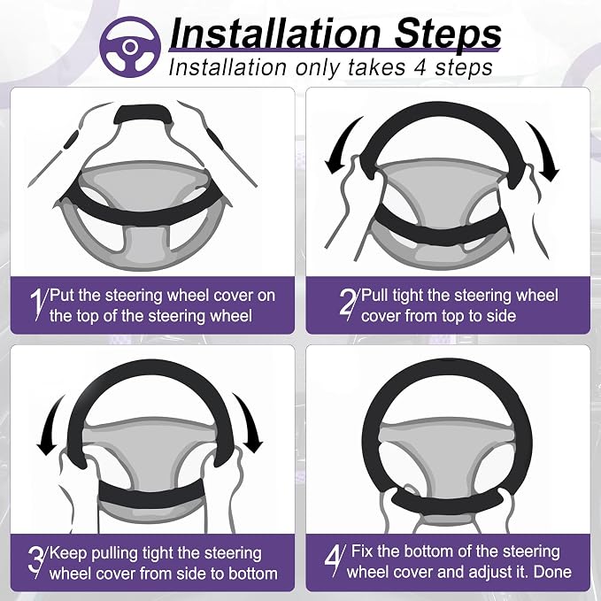 Elastic Stretch Steering Wheel Cover, Universal Interior Accessories Steering Wheel Cover for Women & Men, Breathable Microfiber Ice Silk, Anti-Slip, Odorless, Easy Carry(Purple)