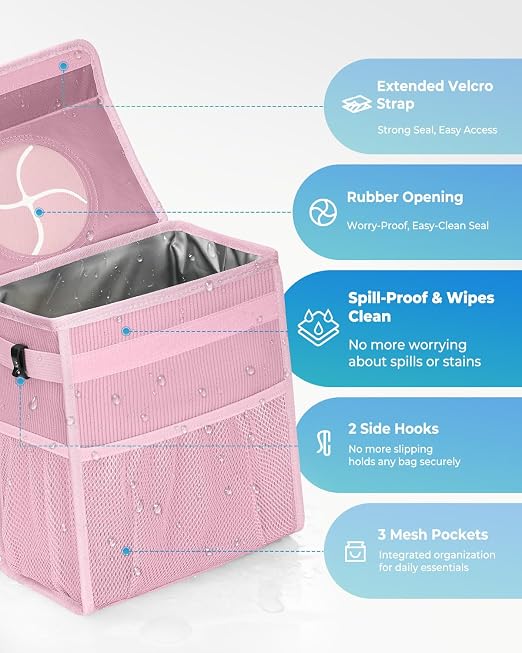 Corduroy Car Trash Can with Lid and Mesh Pockets - Leakproof Organizer,Multipurpose Waterproof Garbage Can/Trash Bin for Car(Light Pink-3 Gallons)
