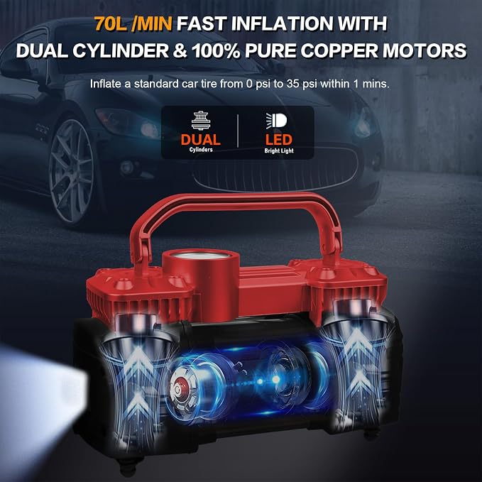 Heavy Duty Tire Inflator 12V Portable Air Compressor Pump 150PSI | 6X Faster Inflation Dual Cylinder Metal Air Pump with Led Light for Car, RV,Pickup Truck, SUV, Van,Camper, Air Bed,Balls