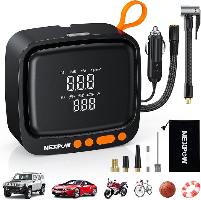 Tire Inflator Portable Air Compressor, 150PSI 12V DC Air Pump with Dual Digital Pressure Gauge & Auto Shut-Off, Air Compressor Portable with LED Light for Car, Motorcycle, Bicycle, Ball, Orange