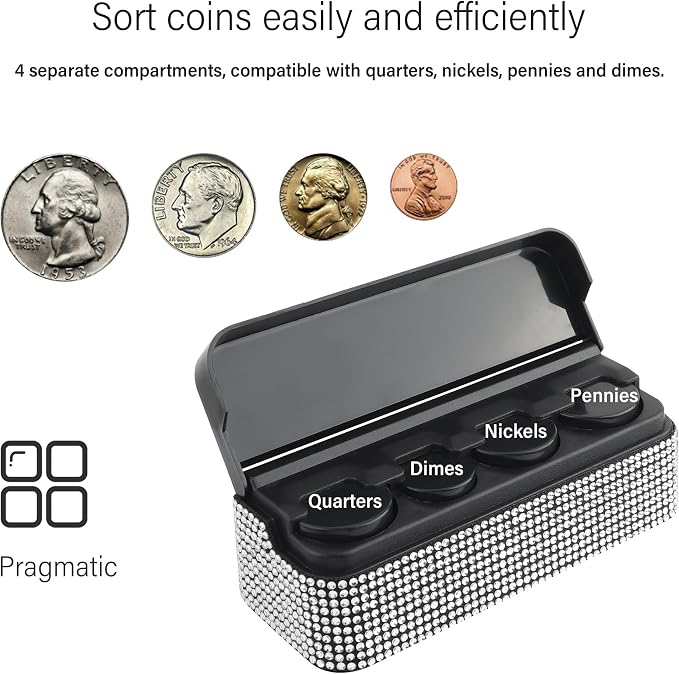 carleef Bling Coin Holder for Car,4 Compartment Car Organizers and Storage with Rhinestones Compatible with Quarter/Nickel/Pennies/Dimes,Universal Coin Organizer for Car Truck SUV (White)
