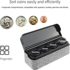 carleef Bling Coin Holder for Car,4 Compartment Car Organizers and Storage with Rhinestones Compatible with Quarter/Nickel/Pennies/Dimes,Universal Coin Organizer for Car Truck SUV (White)