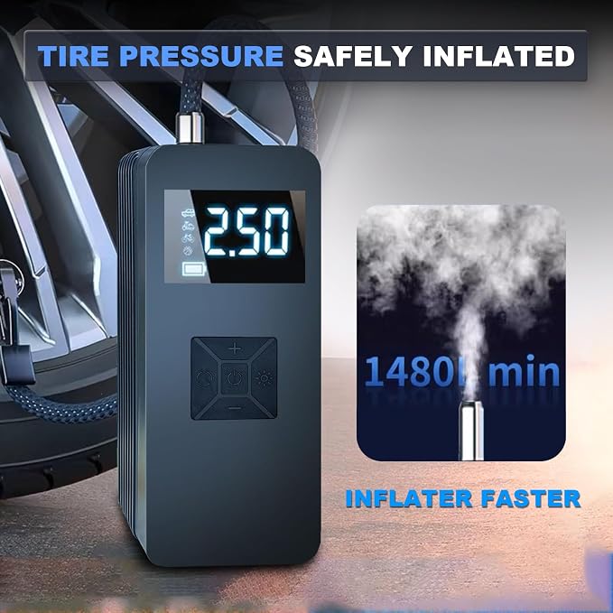 Tire Inflator Portable Air Compressor with Digitally Display Pressure Gauge 20000mA, Car Air Compressor Pump with Jump Starter 150PSI, 14.8 V Car Battery Jump Starter Portable