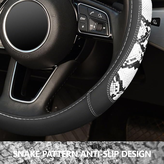 Snake Skin Leather Steering Wheel Cover,Black and White Animal Fur Car Accessory Steering Wheel Cover,Universal 14.5-15inch,Anti-Slip Car Steering Wheel Protector for Women Men