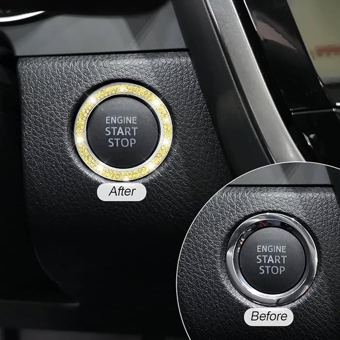 Car Bling Crystal Rhinestone Engine Start Ring Decals, 2 Pack Car Push Start Button Cover/Sticker, Key Ignition Knob Bling Ring, Sparkling Car Interior Accessories for Women (Double Yellow)