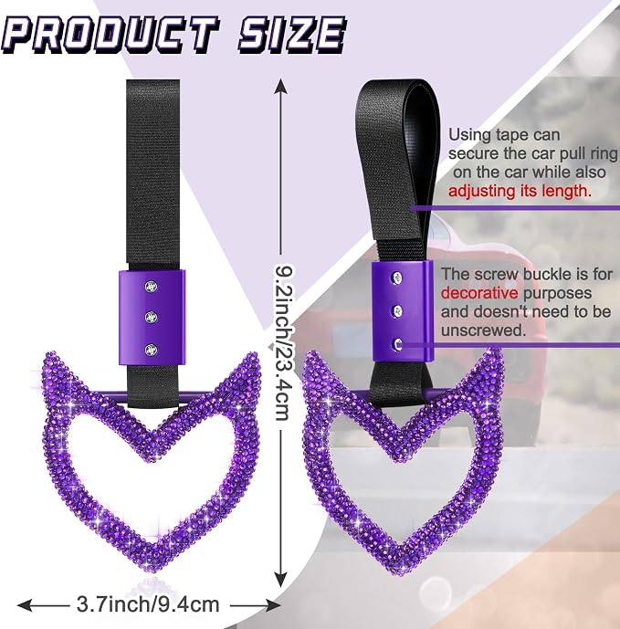 Bling Car Accessories Bling Heart Handle Ring Car Accessory for Women Heart Hand Strap Drift Charm Rear Bumper Warning Ring Decor for auto Bus Interior Exterior Decoration(Purple,Devil Style)
