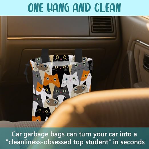Car Trash Bag Cute Cartoon Cats Leak-Proof Waterproof Car Garbage Bag with Drawstring Foldable Canvas Trash Bin with Adjustable Buckle for Car Accessories, Travelling, Camping