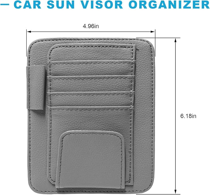Car Sun Visor Organizer, Leather Auto Visor Card Holder with Sunglasses Clip, Multifunctional Sunvisor Storage Pouch Vehicle Interior Pocket for Driving License Pen Ticket (Gray)