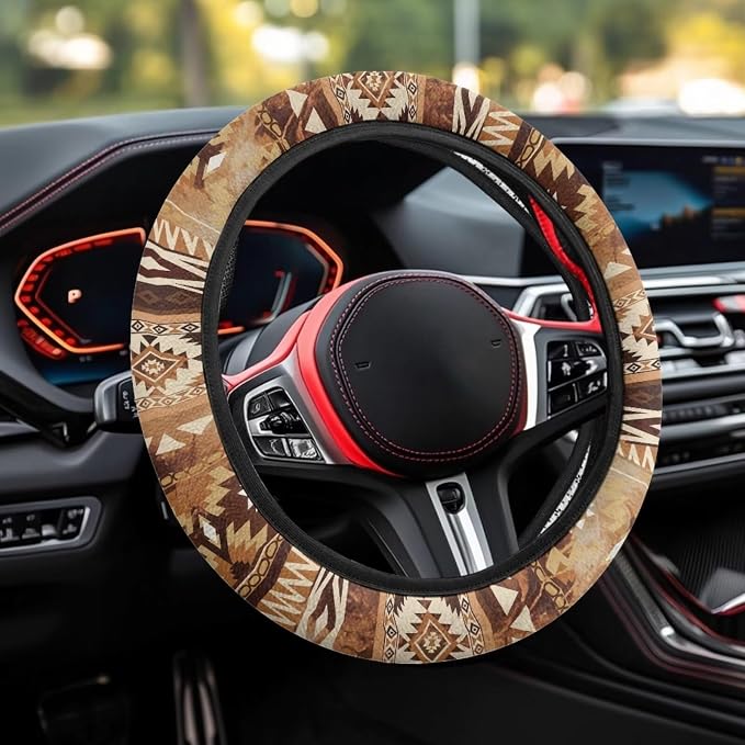 Auto Steering Wheel Cover Universal Stretch 15 Inch Anti-Slip Neoprene Car Steering Wheel Protector for Women Men, Aztec Navajo Geometric Brown
