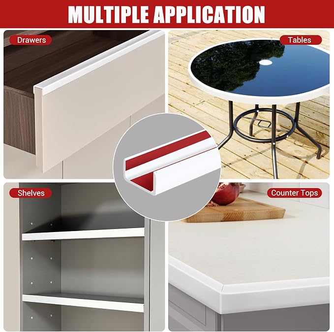 Slimline Cabinet Door Edge Protector, 3/4" Self Adhesive Peel and Stick Silicone Edge Guards, Flexible U Shaped Strip for Kitchen &Garbage Drawer Fronts, Edge Trims for Desks and Shelfves, White, 10Ft