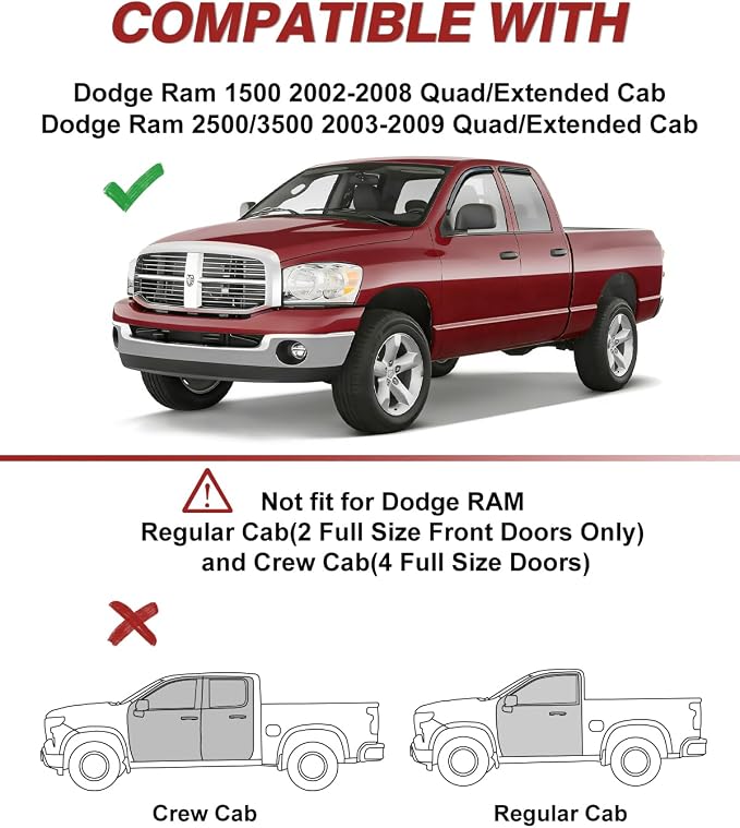 Window Rain Guards Fit for 2002-2008 Dodge Ram 1500 Quad Cab/Extended Cab | Outside-Mount | Window Visors | Wind Deflector for 03-09 Dodge Ram 2500 3500 Extended Cab | Dark Smoke Vent Shades