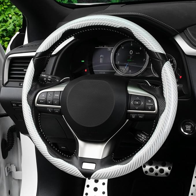 3pcs Carbon Fiber Anti-Skid Steering Wheel Cover, Waterproof Design, Universal Fit for 14-16 Inch Car Wheel Cover, Interior Car Accessories for Jeeps, SUVs, Trucks (Glossy White)