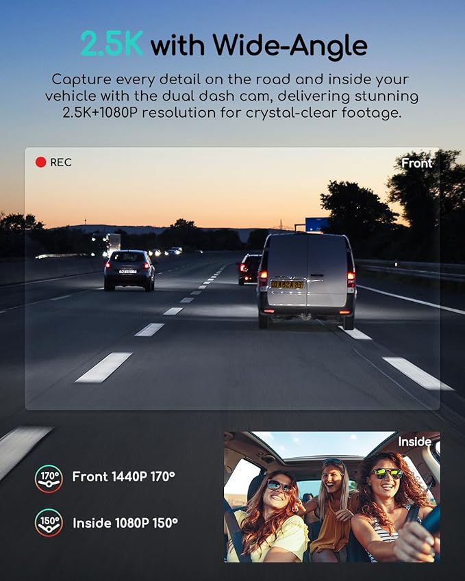 Dual Dash Cam 2.5K+1080P, Dash Cam Front and Inside, Built-in GPS and WI-FI, Dash Camera for Cars, Perfect for Uber and Taxi Drivers, Night Vision, Accident Record, 24Hr Parking Mode