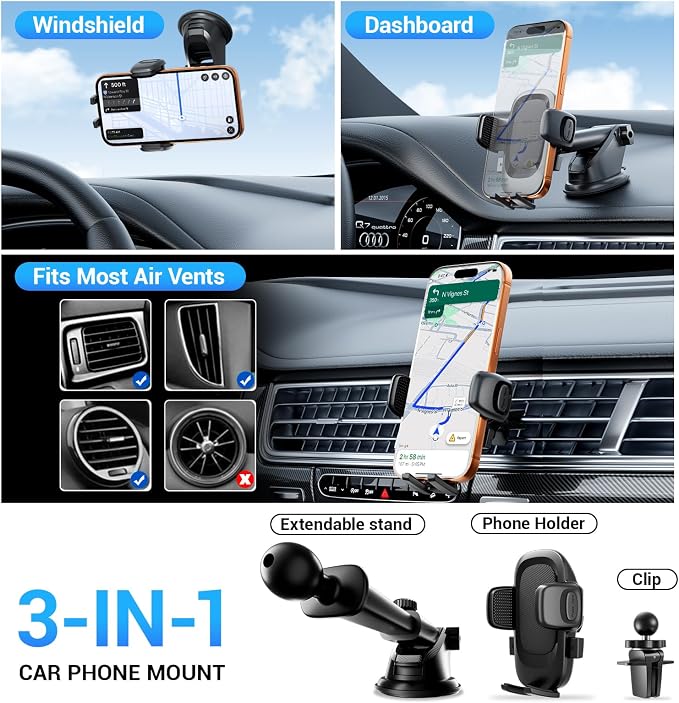 3-in-1 Car Phone Mount Strongest Suction & Clamp | 2026 Upgraded Design, 122lb Suction, 360° Adjustable Car Mount, Dashboard/Vent/Windshield Mount, iPhone & Samsung Compatible