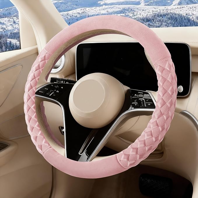 Cherry Blossom Pink Diamond Patterned Plush Steering Wheel Cover, for Universal Auto Steering Wheel 14.5-15 in, Short Fluffy, Anti-Slip, Soft Plush, Comforting and Luxurious, Odorless, Soft Texture