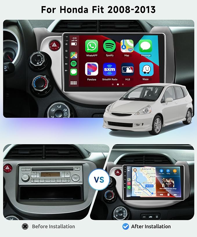 8 CORE 6G+128G Car Radio for Honda Fit 2008-2013 with Wireless CarPlay/Android Auto, 10.1” 1280 * 720P IPS Touch Screen Stereo Android 13 GPS WiFi Bluetooth DSP SWC + HD Backup Camera