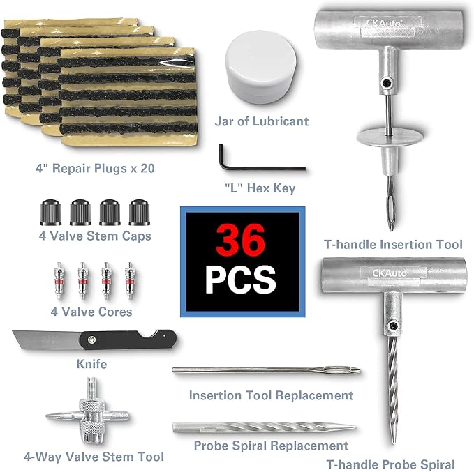 Universal Tire Repair Kit, Heavy Duty Car Emergency Tool Kit for Flat Tire Puncture Repair, 36 Pcs Value Pack, Tire Plug Kit fit for Autos, Cars, Motorcycles, Trucks, RVs, etc.