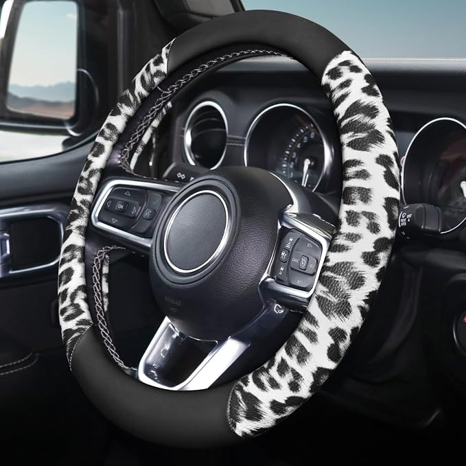 White Leopard Steering Wheel Cover, Universal 14.5-15 inch Breathable Microfiber Leather Anti-Slip Car Steering Wheel Protector for Women Men,Fit for Most Car, Trucks, SUV
