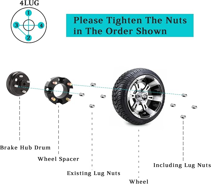 2 Inch Golf Cart Wheel Spacers Kit with Lug Nuts - for Yamaha,Club Car,EZGO, 4x4 Bolt Pattern, 68mm Hub Bore, 1/2-20 Studs, CNC Aluminum, 4 Pack Wheel Hub Adapters