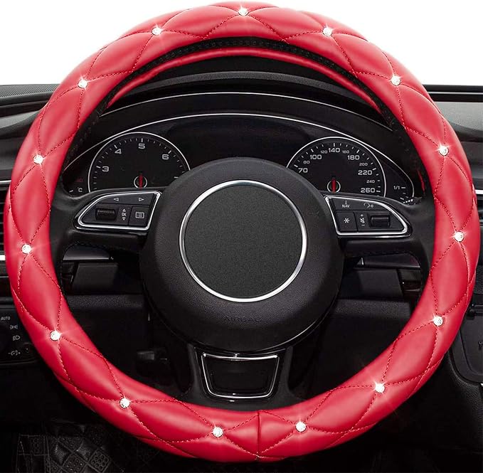 Red Steering Wheel Cover, Leather Car Steering Wheel Cover, Crystal Rhinestones Anti-Slip Soft Accessories for Women and Girl Universal Fit 14.5-15 Inch