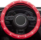 Red Steering Wheel Cover, Leather Car Steering Wheel Cover, Crystal Rhinestones Anti-Slip Soft Accessories for Women and Girl Universal Fit 14.5-15 Inch