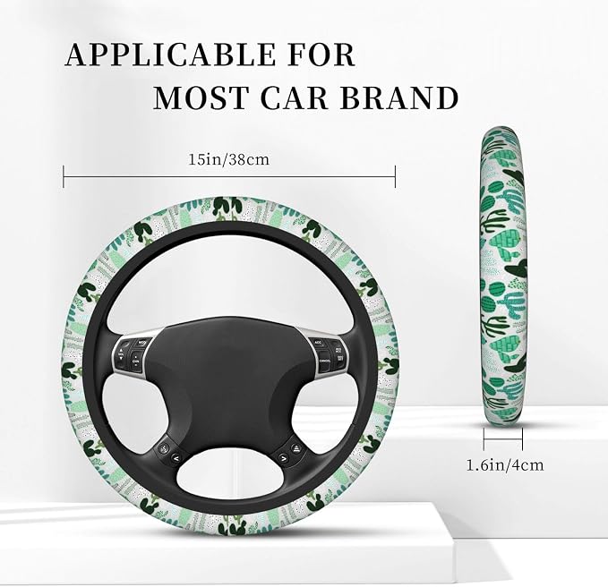 Cactus Steering Wheel Cover Anti-Slip and Practical 14.5-15 Inch Universal Car Steering Wheel Cover with 2 Pieces Car Coasters Suitable for Men Women