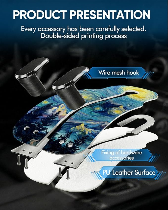 Purse Holder for Car, 2 Pack Heavy Duty Purse Hanger for Car, PU Leather Car Seat Hooks for Purses and Bags, Cute Starry Sky Mountain Headrest Organizer for Handbags & Backpacks