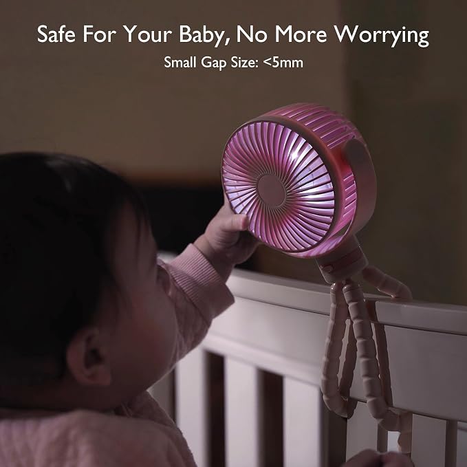 8000mAh Portable Stroller Fan, 27H Ultra-long Battery Life Detachable 4 Speed 360°Rotate LED Night Light with 2 Modes, USB Rechargeable Handheld Cooling Fan for Travel/Car Seat/Bedroom