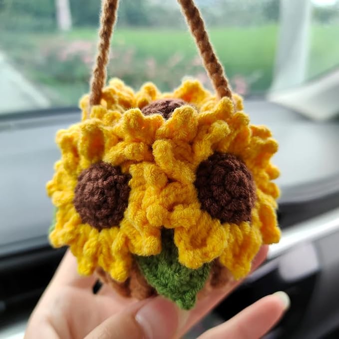Cute Crochet Plant for Car Rear View Mirror,Boho Hanging Accessories Decor | Handmade for Women Girls,Green Interior Aesthetic Decor Truck Hanger Ornament Charm for Men(Sunflower)