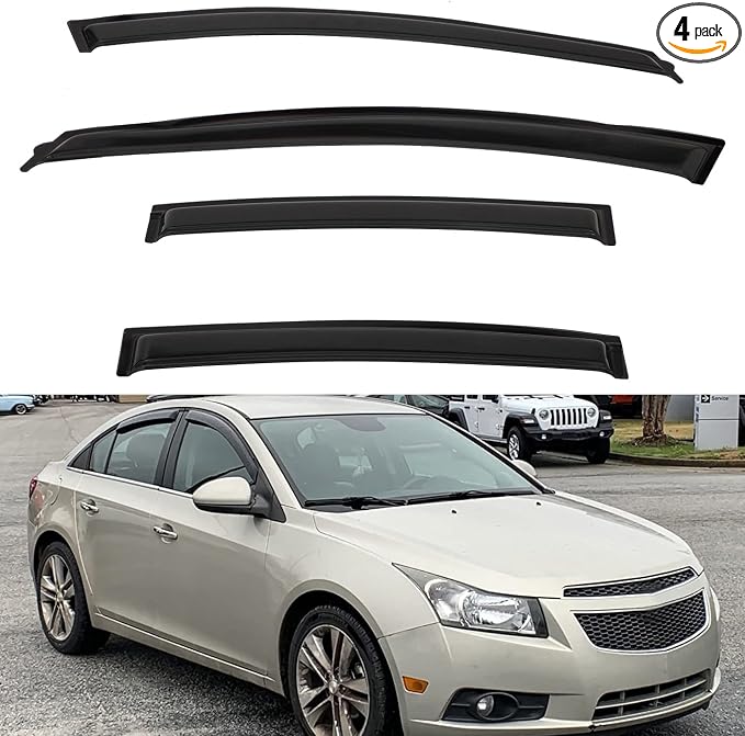 4pcs Front+Rear Smoke Tint Sun/Rain Guard Outside Mount Tape-On Vent Window Visors Compatible with 10-15 Cruze 16 Cruze Limited