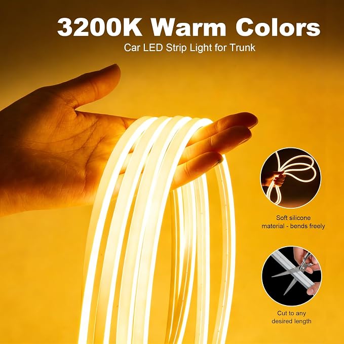 Car LED Strip Lights, 4m/13.12ft Waterproof Car Trunk Light Strip, Warm Color 3200k, Flexible Cutting Silicone, Auto On/Off, Low Voltage 12V LED Strip Lights for Cars