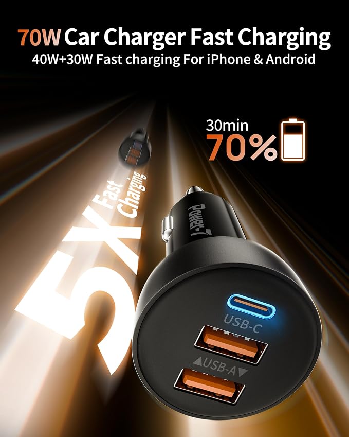 USB C Car Charger, 2 Pack 70W 3-Port PD/QC Fast Charging Cigarette Lighter USB Charger Car Phone Adapter Accessories for iPhone 17/Air/16/15/14/13/12 Pro Max, iPad, Pixel, Galaxy S25/S24/S23, Android