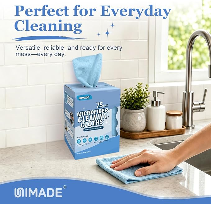 Microfiber Cleaning Cloth, 75 Sheets Microfiber Towels for Cars Commercial Grade Washcloths Lint-Free Bulk Shop Towel Cleaning Rags for Household Restaurant Garage Housekeeping, 11"x 9", Blue