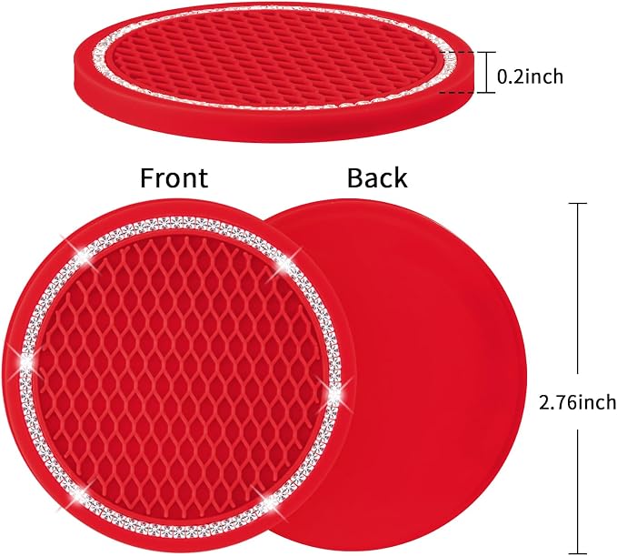 Car Coasters, 4 Pack Vehicle Bling Car Coaster, Universal Rhinestone Coaster for Cup Holders, Car Interior Accessories Silicone Car Coasters for Women(2.75'' Red, White Crystal Circle)