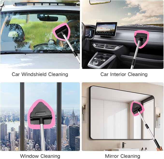 10pcs Windshield Cleaning Tool Inside Car Window Cleaner Wash Kit with 4 Reusable Microfiber Pads 1 Spray Bottle and Extendable Handle Interior Auto Glass Wiper Kit, Pink