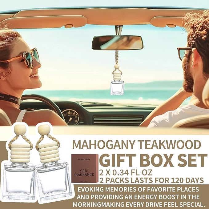 2-Pack Car Fresheners Long Lasting & Car Deodorizer - Mahogany Teakwood Hanging Car Air Freshener for Men and Women, Car Necessities & Scent Diffuser by