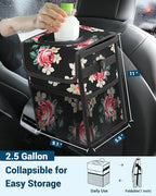 Car Trash Can with Lid, Leakproof Car Trash Bag Hanging Waterproof Automotive Garbage Can with Storage Pockets Mini Vehicle Trash Bin for Back/Front Seat(Flower,2.5 Gallon)
