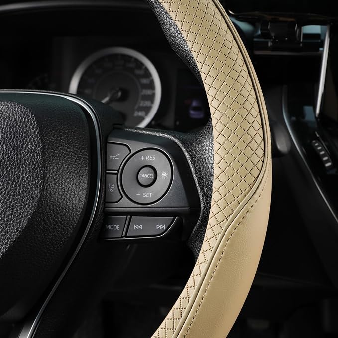 Steering Wheel Cover 14.5-15 inch (37-39 cm) Medium Size, Microfiber Leather, Non-Slip Comfortable Grip, Fits Cars Trucks SUVs, Beige