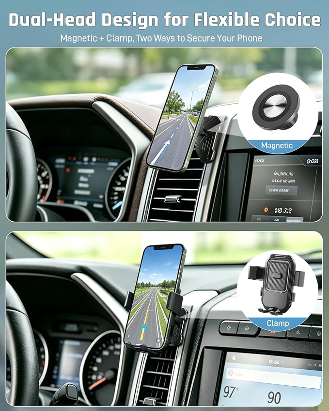 Car Vent Phone Holder for Ford F-150 2015-2020, Super Duty F-250 F-350 F-450 2017-2021, CNC-Machined Aluminum Air Vent Mount with Magnetic and Spring Clamp Heads, 45° Adjustable Truck Bracket