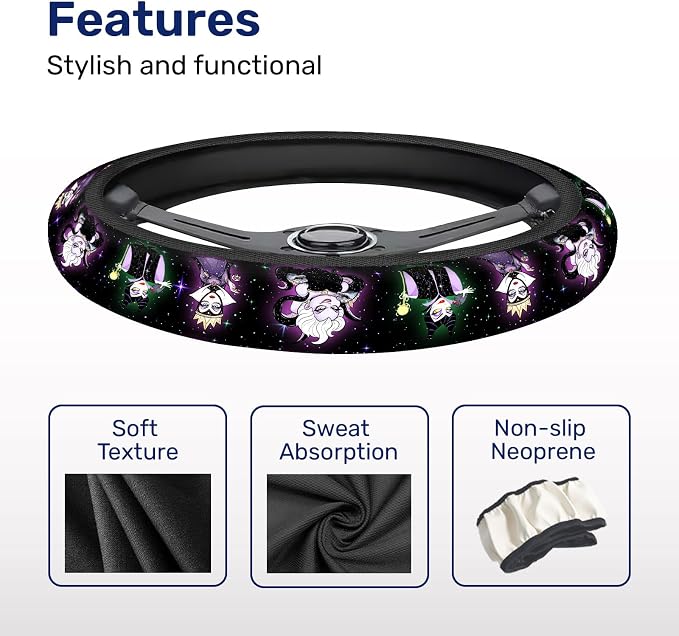 Purple Dark Fantasy Steering Wheel Cover, Polyester Non-Slip Car Wheel Grip, Universal 15 Inch Auto Accessory