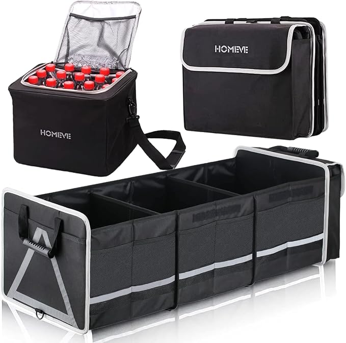 Car Trunk Organizer for SUV, 25Gal Large Capacity No-Sag Heavy Duty, Foldable Waterproof Anti-Slip Storage with 12 Pockets, Fit Sedan,Truck,Universal Car Accessories, Black, 3 Compart, Large