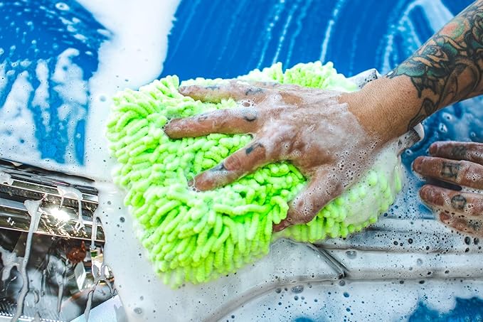 Premium Chenille Microfiber Knobby Wash Mitts - Perfect for Car Washing and Detailing; Scratch-Free, Lint-Free, Double-Sided, Plush, and Absorbent; Lime Green (2-Pack)