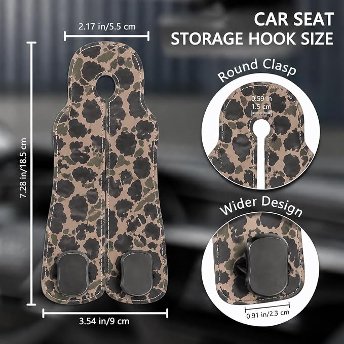 Cute Camo Car Seat Back Storage Headrest Hooks for Purses & Bags – 2PCS PU Leather Dual Metal Hooks, Backseat Organizer Accessories