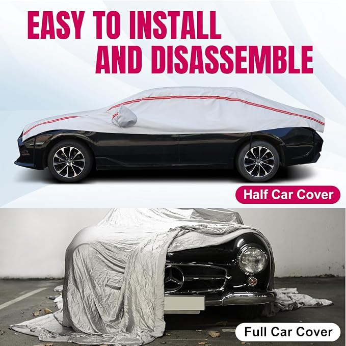 Half Car Cover SUV,Top Cover with Red Reflective Strip, Hail Protector Car Cover with Cotton Liner, Sunroof & Windshield Cover for Ice and Snow, All Weather Car Body Cover for Sun, Rain, Dust