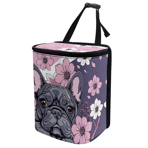 French Bulldog Cherry Blossom Print Car Trash Can with Lid, Leak Proof Auto Trash Bag Hanging Vehicle Garbage Can Multipurpose Storage Container for Back Seat Road Trip