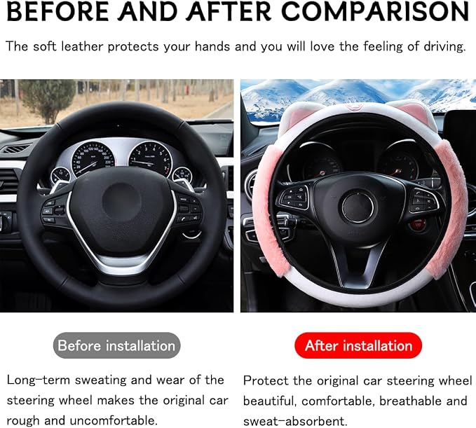 Car Steering Wheel Cover, Fluffy Soft Plush for Winter Warm, Cute Steering Wheel Protector with Kitty Cat Ears, Universal 15 Inch, Elastic & Anti-Slip, Lovely Decor Car Accessories (Pink)